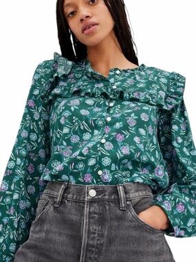 GAP Floral Ruffle Blouse Cottagecore Romantic Button Front Long Sleeve Size XL